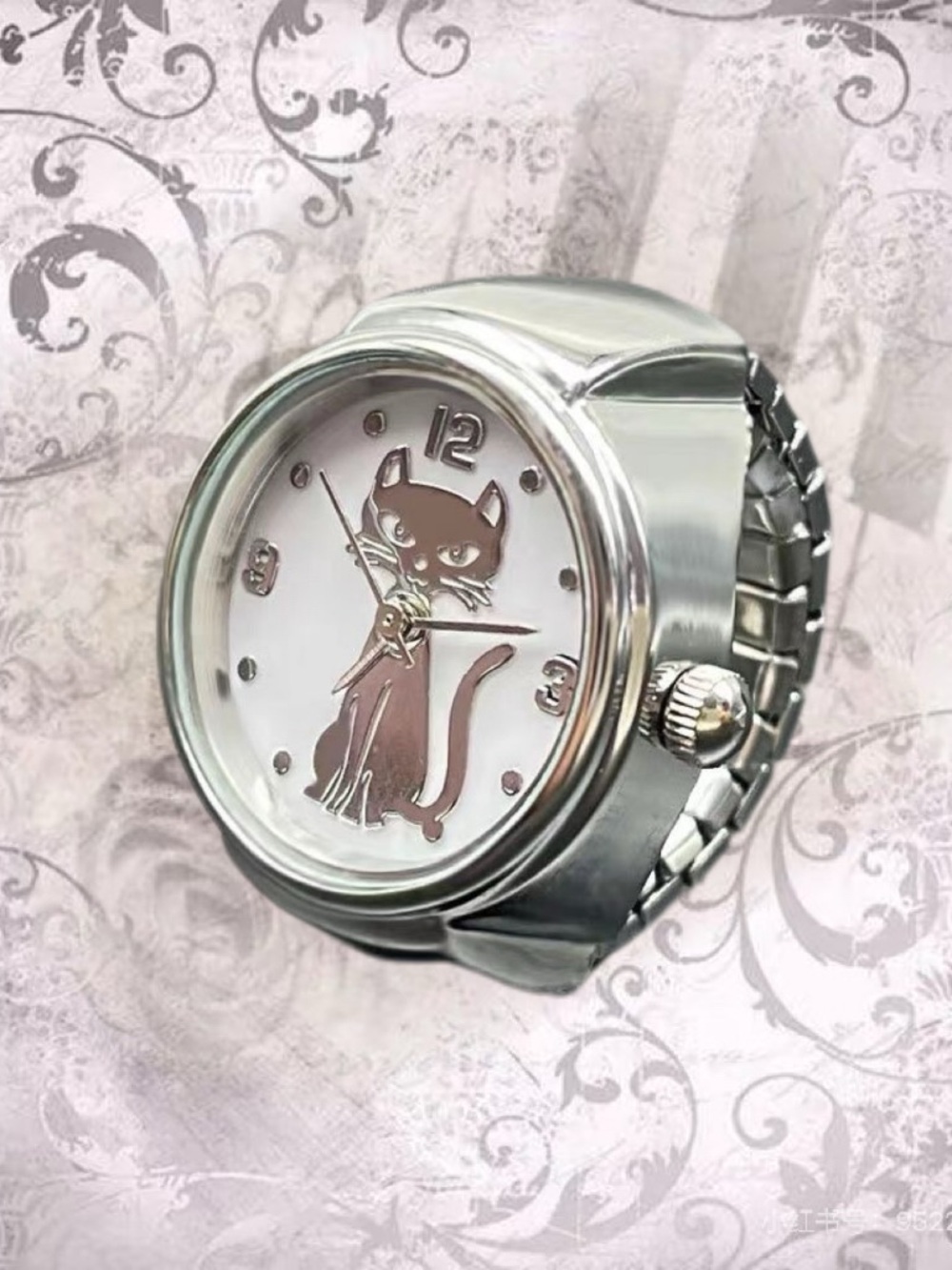 Silver Cat Face Adjustable Ring Watch - Silver Cat Design
